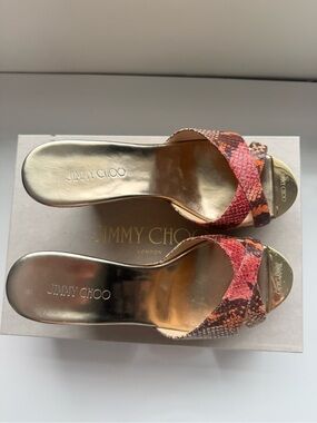 Jimmy Choo Coral Pink Snakeskin Slide Sandals with Gold Footbed